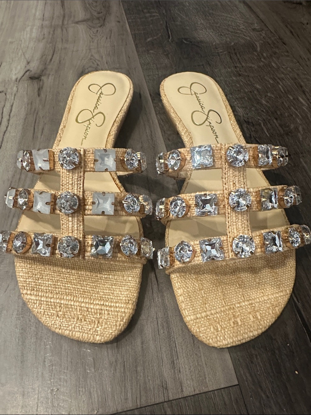Jessica Simpson Tan Jeweled Raffia Slide Sandals - Picture 1 of 3